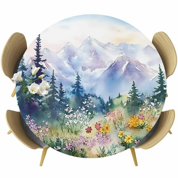 Forest Mountains Fitted Tablecloth with Elastic Edged, Round Table Cloth for Dining Table, Watercolor Natural Flower Tree Waterproof Oil Proof Table Cover for Indoor Outdoor 55"-60"