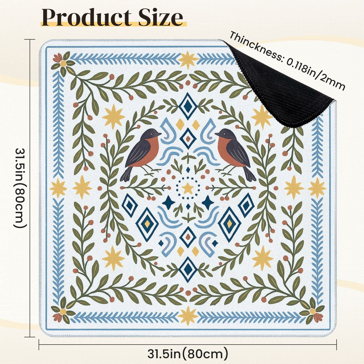 Mahjong Mat 31.5" x 31.5" Floral Bird Geometric Accents Earthy Tones Anti-Slip and Noise Reduction Symmetry Design Mahjong Tiles Table Cover for Dominoes Poker Card Board and Tile Games