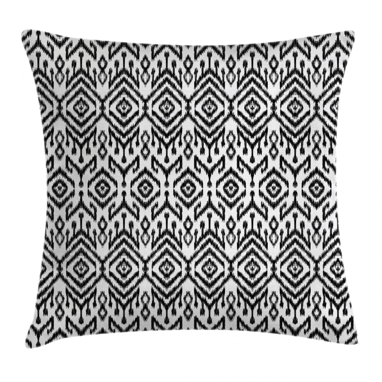Black and White Throw Pillow Cushion Cover, Monochrome Ikat Pattern