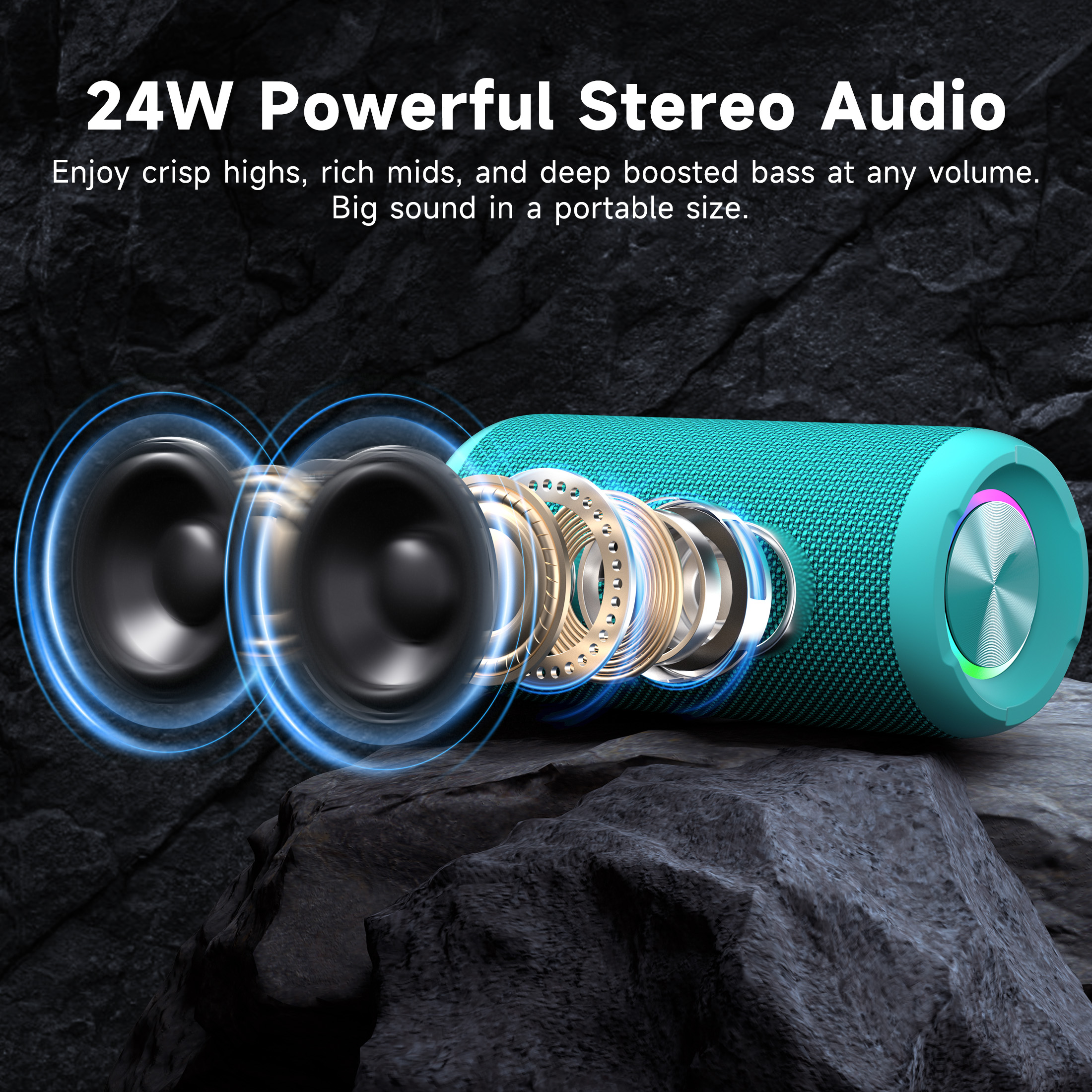 Solorage Portable Bluetooth Speaker IPX7 Waterproof, 24W Loud Sound, Deep Bass, Bluetooth 5.3, 30H Playtime, Wireless Stereo Pairing, LED Lights, for Home/Beach/Party/Outdoors-Blue Green