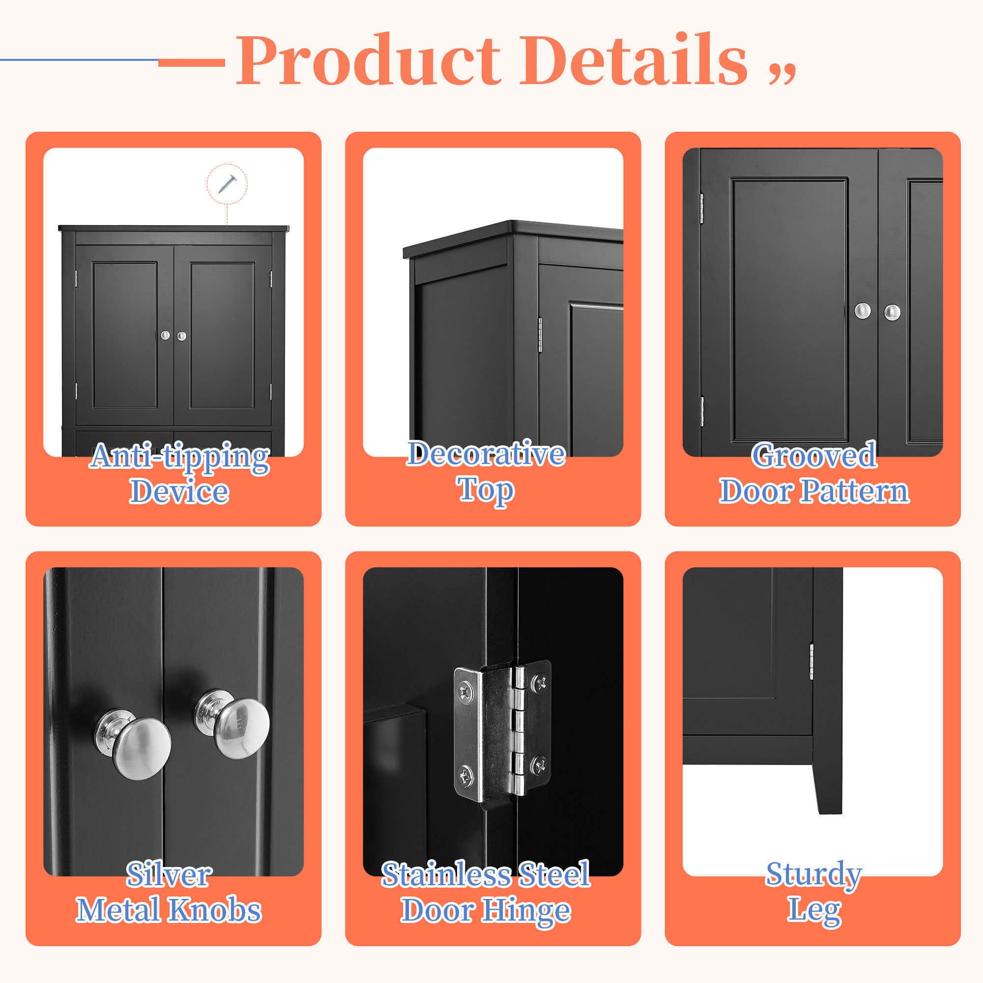 MAYEERTY Elegant Bathroom Cabinet Freestanding 4 Doors Adjustable Shelves Black