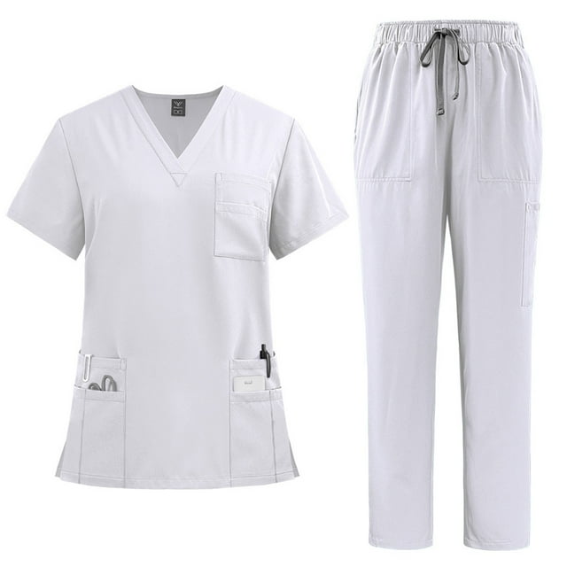 Scrub Sets for Woman Solid Color V-Neck Short Sleeve Long Pants Nurse Uniform with Pock White XL