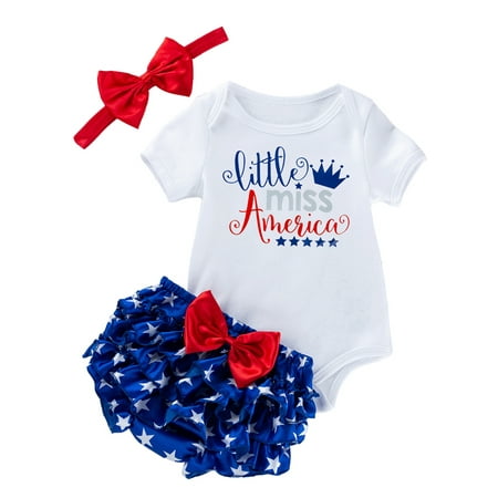

Calsunbaby Baby Girl My 1st 4th of July Short Outfit Romper Bloomer Headband 3Pcs Independence Day Clothes White 3-6 Months
