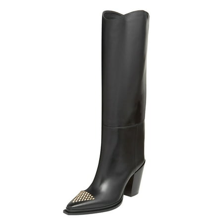 FSJ Women Classic Triangle Rivets Studs Pointed Closed Toe Knee High Boots Chunky Block High Heels Pull On Comfort Casual Office Wear Shoes Size 7.5 Black