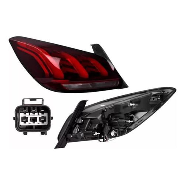 calavera mg gt 22-24 leds izquierda para año: 2024 faro trasero izquierdo con lente roja y tres tiras LED visibles, vista frontal y posterior que muestra carcasa trasera negra, arnés y conector de 6 pines; indicado como reemplazo en Iluminación Automotriz y a menudo usado para personalizar la estética trasera del vehículo.