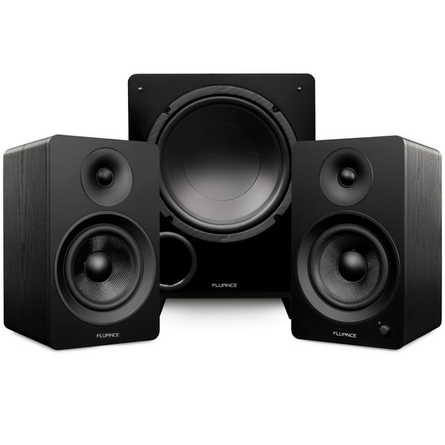 Fluance Ai61 Powered 6.5" Stereo Bookshelf Speakers and DB10 10" Low Frequency Ported Front Firing Powered Subwoofer with 15 Feet RCA Ultimate Performance Collection Subwoofer Cable (Black Ash)
