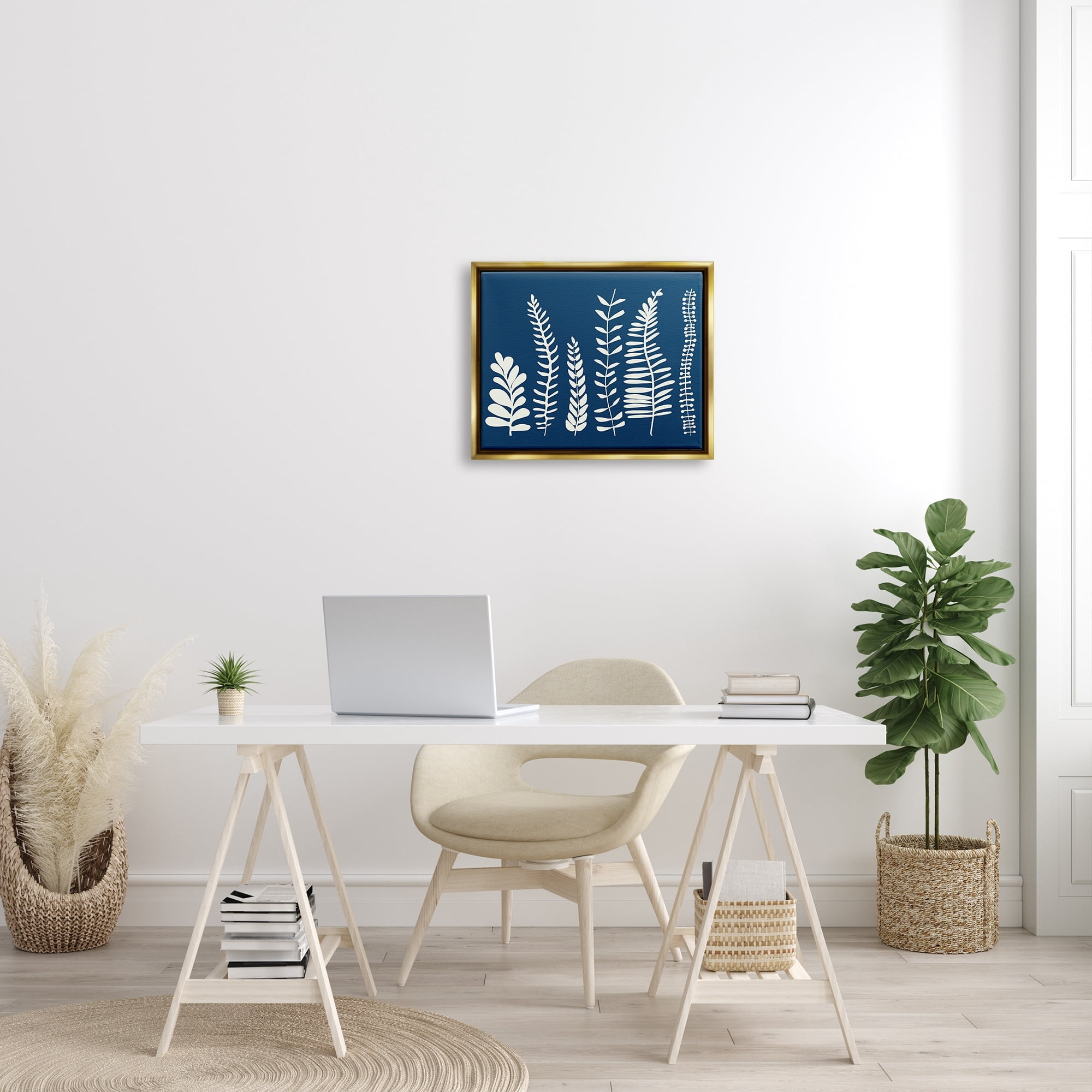 Stupell Industries Modern Fern Plant Leaves Blue Nature Silhouettes Graphic Art Metallic Gold Floating Framed Canvas Print Wall Art, Design by Deborah Velasquez