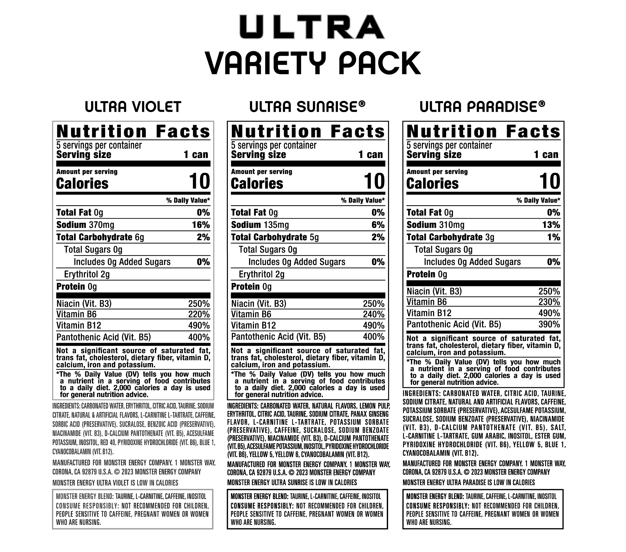 Monster Energy Ultra Variety Pack Energy Drink, Zero Sugar, 15-Pack, 16 Oz Cans