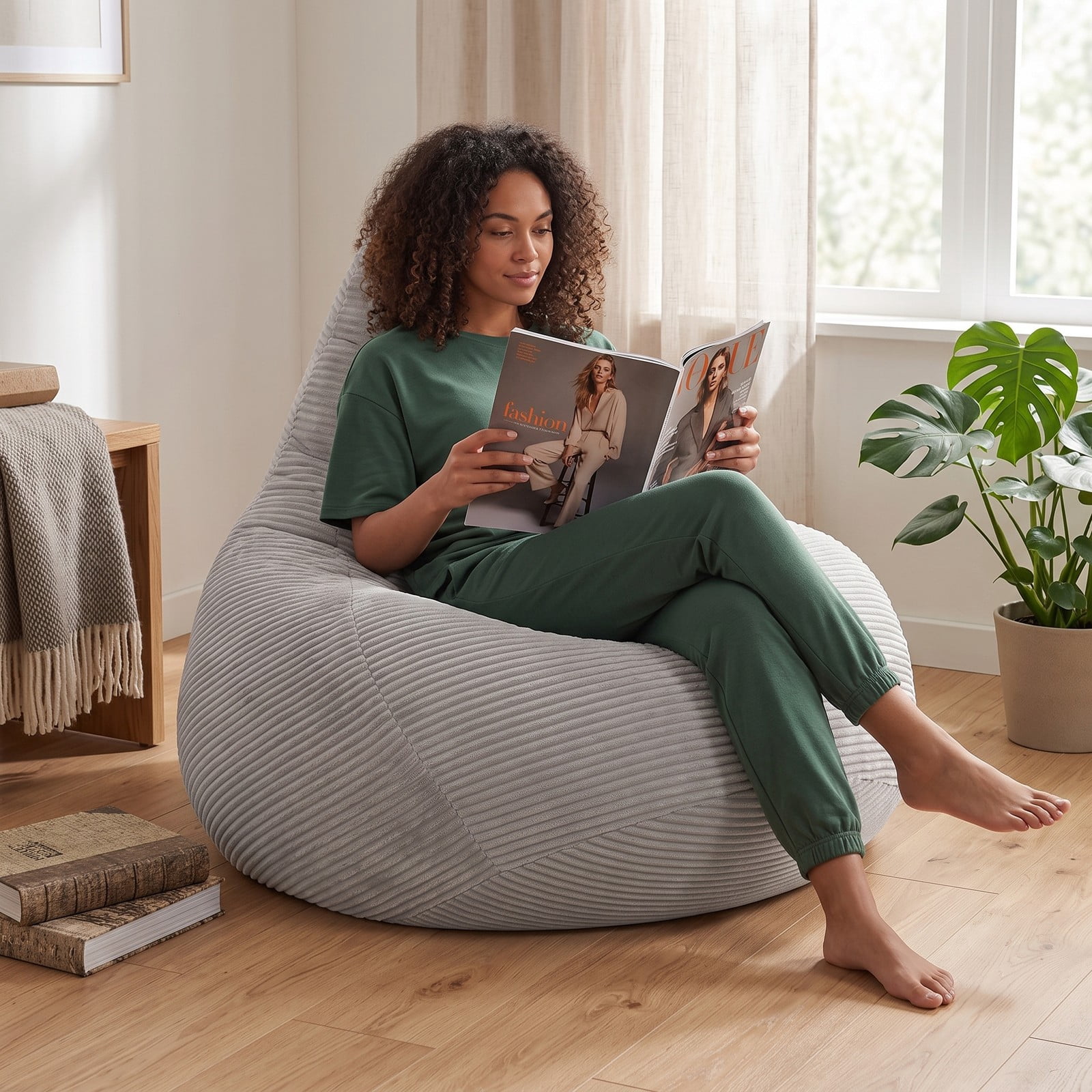 Furnibear Bean Bag Chair for Adults, Corduroy Lazy Lounger Accent Sofa with Soft Sponge Filling, Skin-Friendly Cover, Ergonomic Reading Gaming Seat for Bedroom, Gray