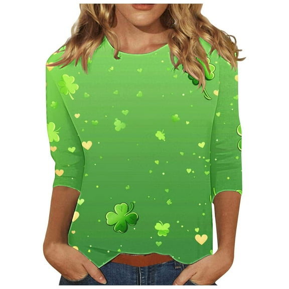 LIaqionyy St. Patricks Day Tops for Women Trendy Casual Round Neck 3/4 Sleeve Loose Pullover Shamrock T-Shirt