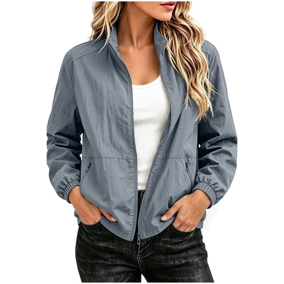 LUVDA Womens Lightweight Jacket Full Zip Stand Collar Long Sleeve Casual Windbreaker with Zipper Pockets for Travel & Hiking