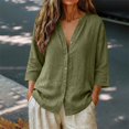 thumbnail image 6 of Only Moment Lightweight Soft Casual Shirts for Women 3/4 Sleeve V Neck Linen Casual Loose Long Sleeve Solid Lapel Long Blouses Tops with Pockets Green,M, 6 of 7