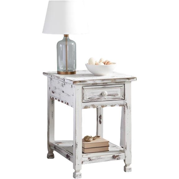 Rustic Cottage Chairside End Table with 1 Drawer & 1 Shelf Antique Dental Work, Distressed White Finish & Square Turned Legs for Living Room