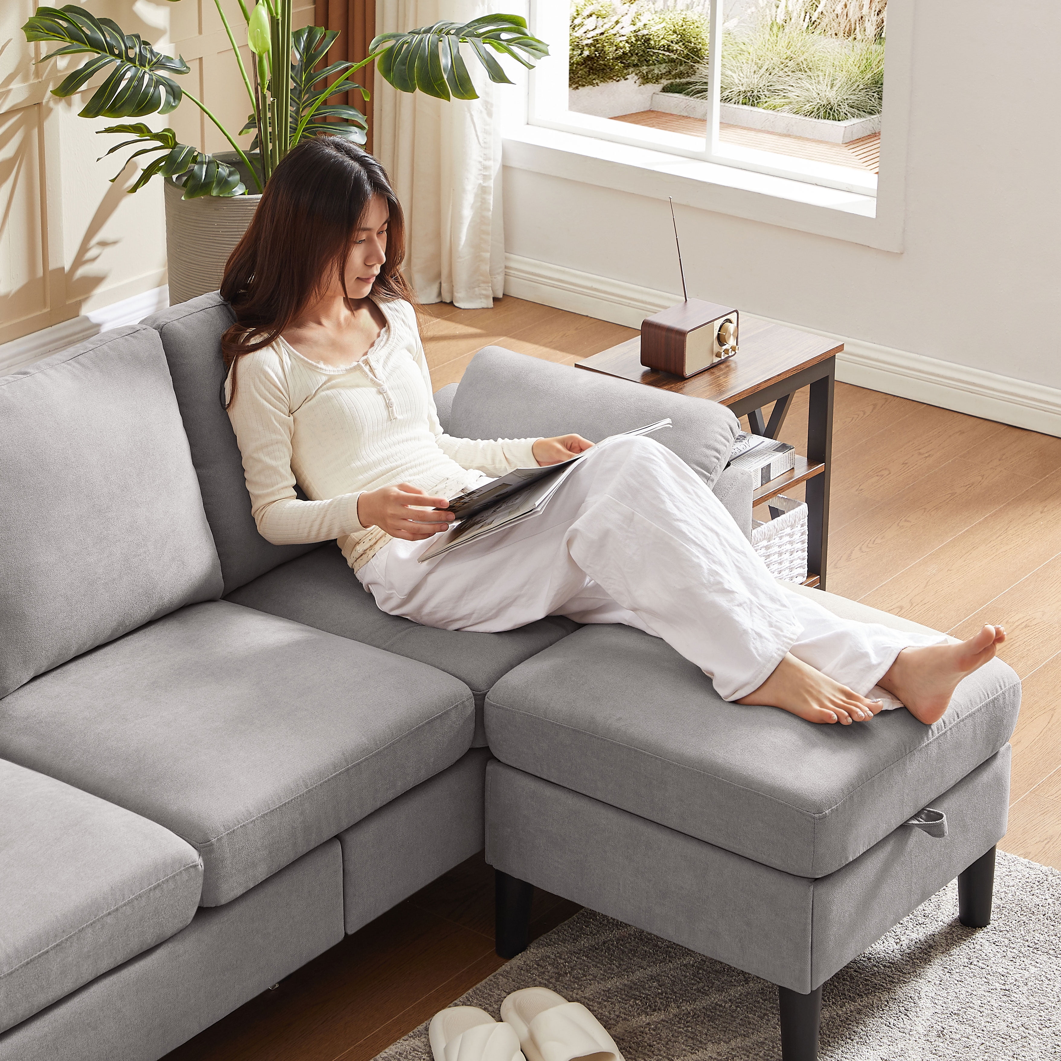 Jarenie 80" Convertible Sectional Sofa, Small L Shaped 3 Seat Couch with Reversible Storage Chaise, Modern Polyester Fabric Sofa Couches for Living Room, Apartment and Small Space, Lightgrey