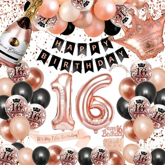 YANSION Rose Gold Black 16th Birthday Decorations for Girls, Rose Gold Black Decoration Set Balloons Happy Banner Garland Confetti Balloons Women Girls 16 Years Old Party Supplies