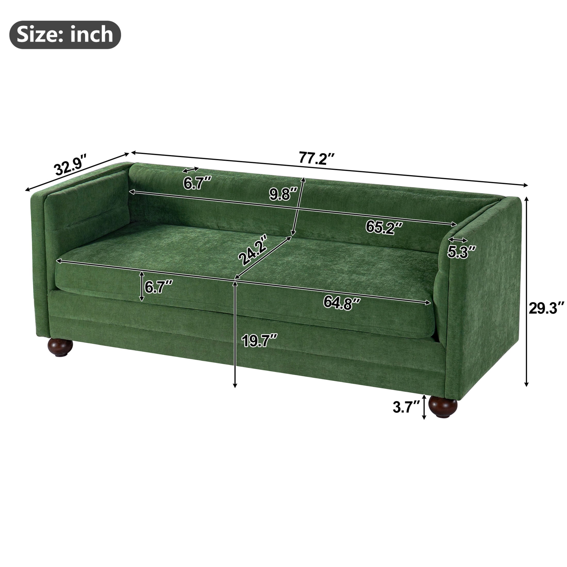 Christopher Knight Home 77.2" Modern Chenille Sofa Couch with Square Arms, 3 Seats, Wood Legs, Green