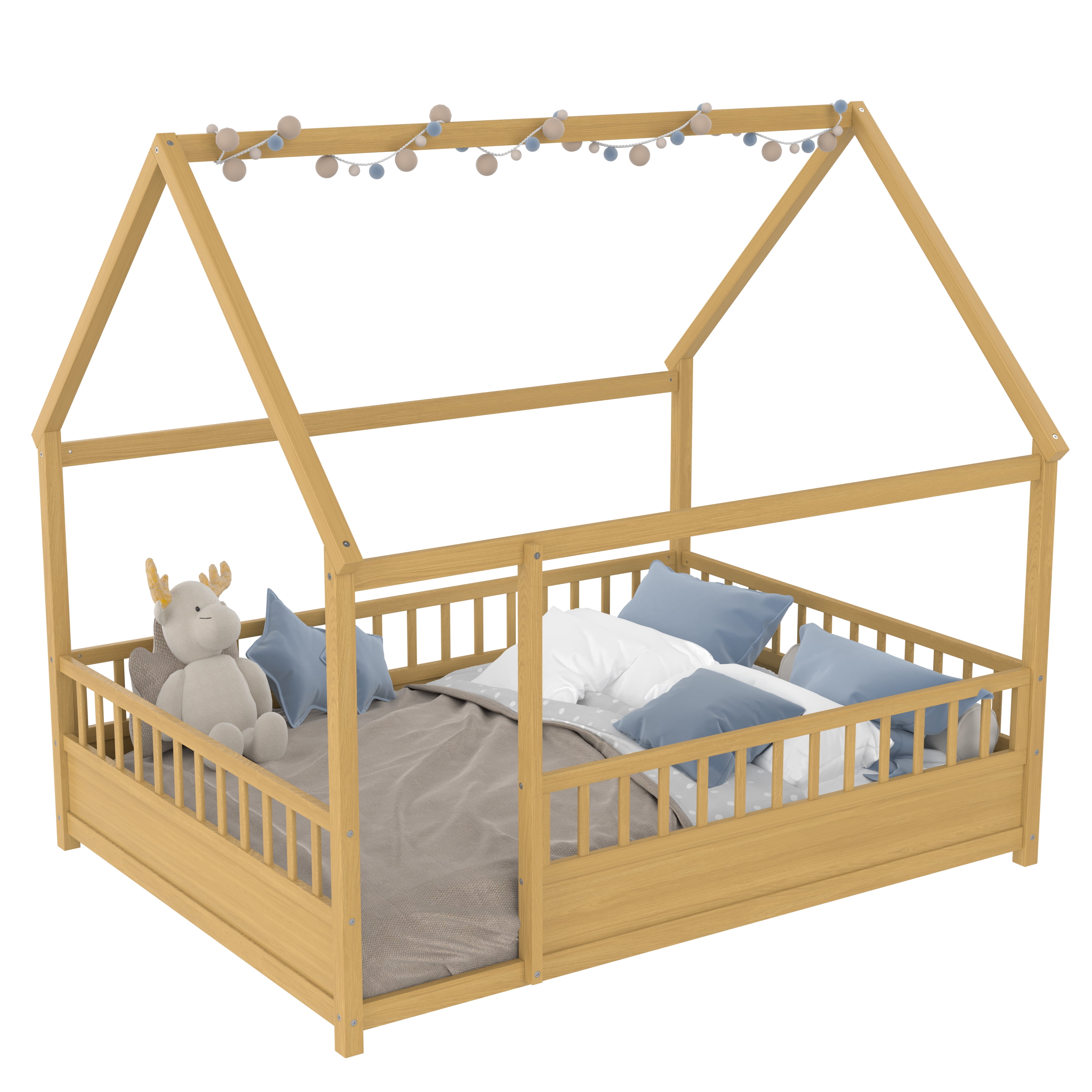 Floor Wooden Bed with House Roof Frame, Full Size Fence Guardrail Bed for Kids, Natural Pine Wood Children's Bedroom Furniture, 20-Inch High Fence with Roof Structure