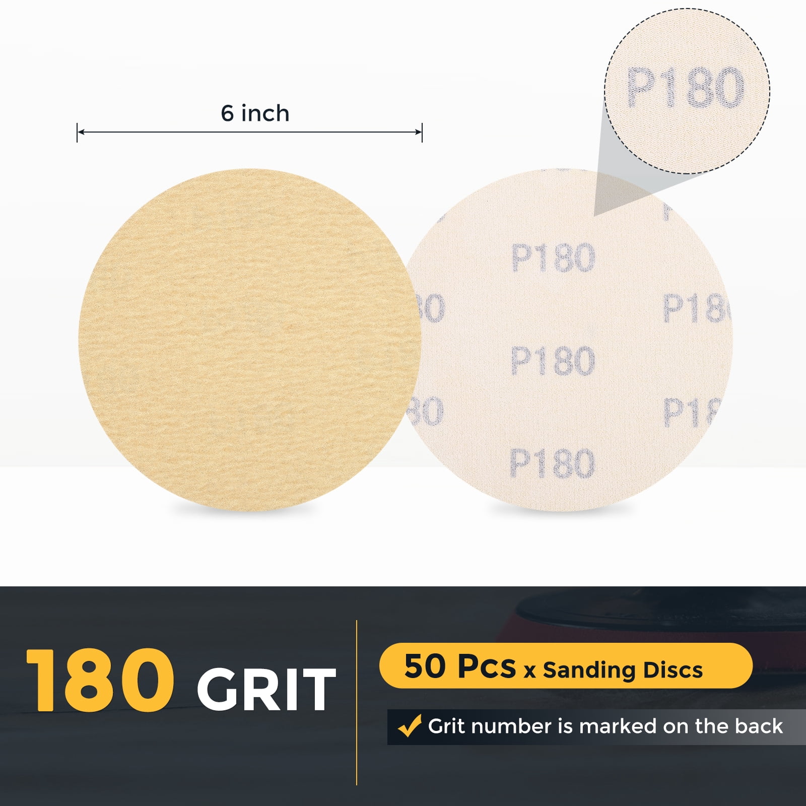 50 Pcs 6 Inch Sanding Disc 180 Grit Hook and Loop Sandpaper Random Orbital Sander Pads for Woodworking Automotive Metal Polishing, Yellow
