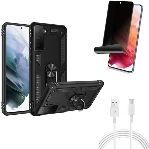 Privacy Screen Protector & 10ft USB-C Cable & Hybrid Case Cover for Samsung Galaxy S22 (6.1") - TPU Film Fingerprint Works & Type-C Charger Cord & Metal Ring Kickstand Accessory Bundle