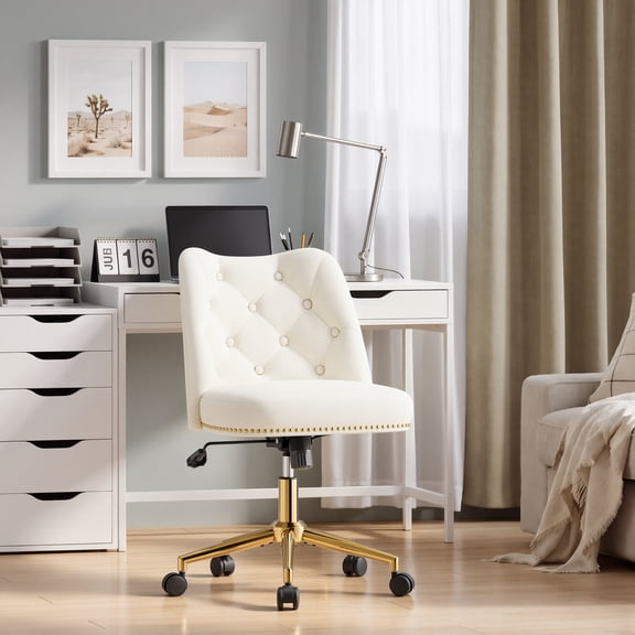 AFO Swivel Desk Chair with Adjustable Height and Backrest, Modern Upholstered Vanity Chair with Metal Base and Wheels for Home Office Vanity, Beige