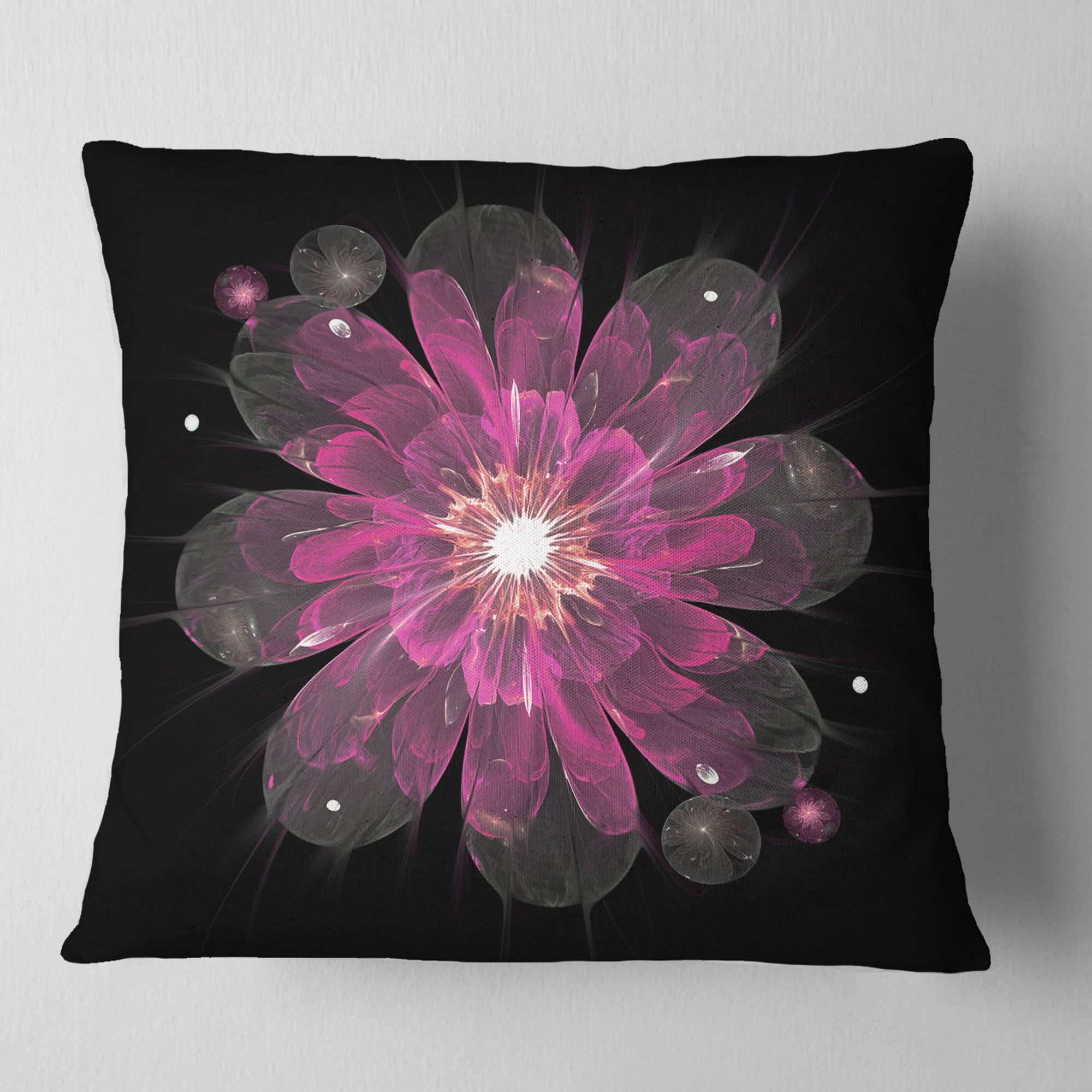 Designart Shiny Light Pink Fractal Flower on Black - Floral Throw Pillow - 16x16