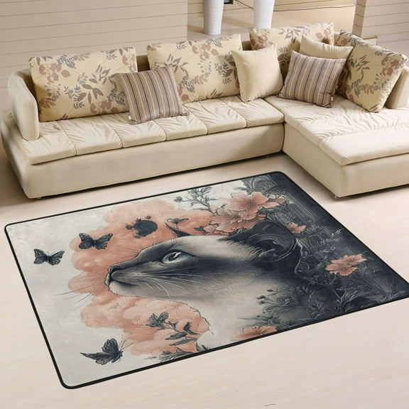 WOBOGO Siamese Cat with Flower Carpet Non-Slip Rugs Soft Doormat 36×24in Living Dining Room Bedroom Decorative