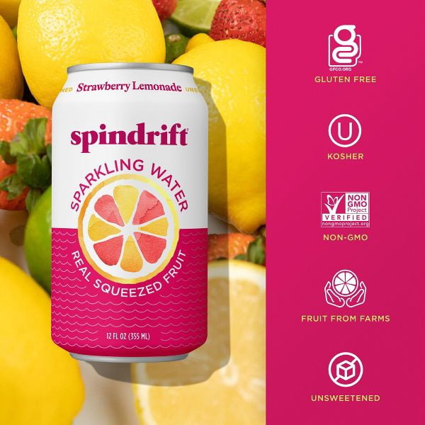 Spindrift Sparkling Water, Strawberry Lemonade, Made with Real Squeezed Fruit, 12 fl oz, 8 Count, No Sugar Added, 7 Calories per Can