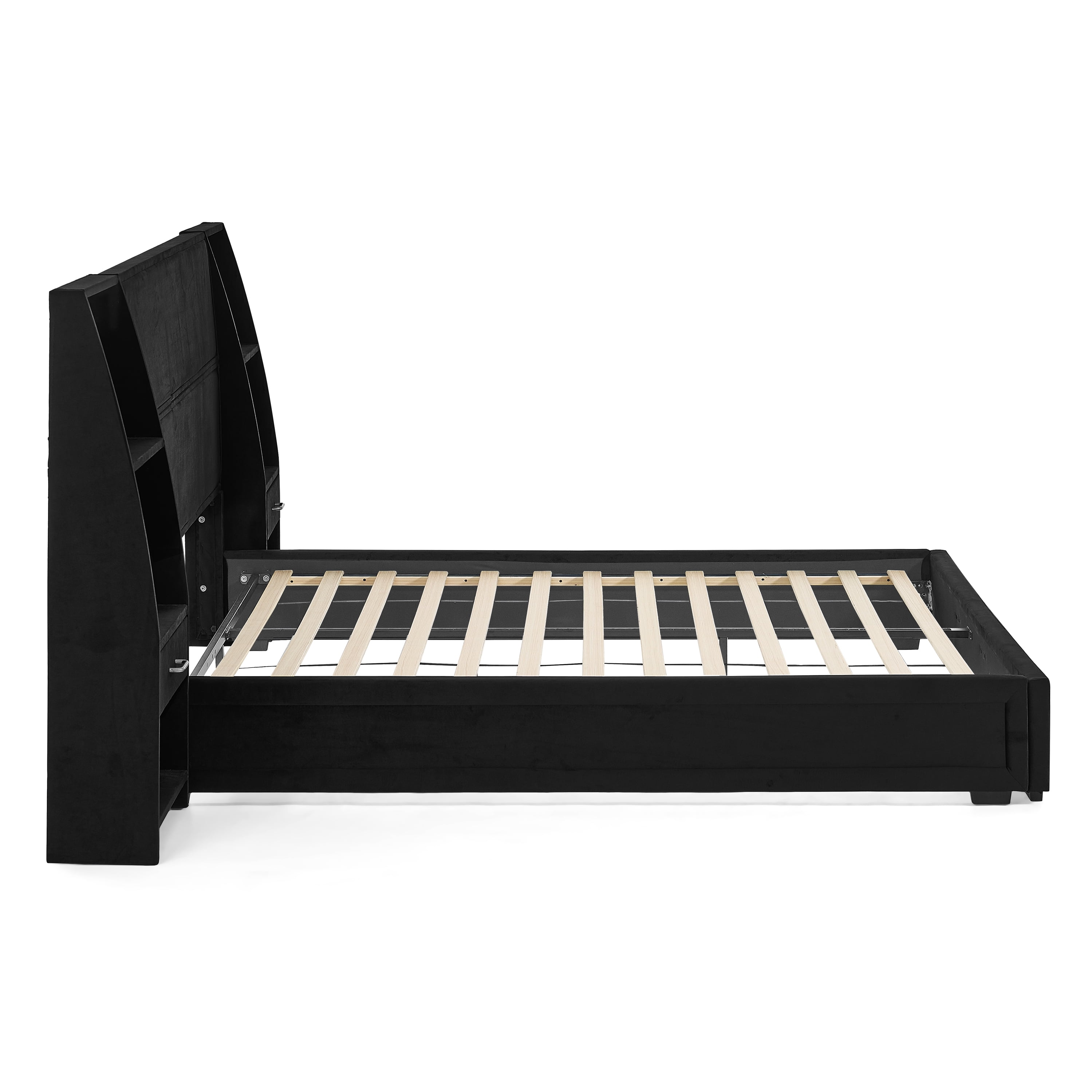 Queen Size Platform Bed Frame with Glossy Velvet Headboard, Side Bookcases & Drawer