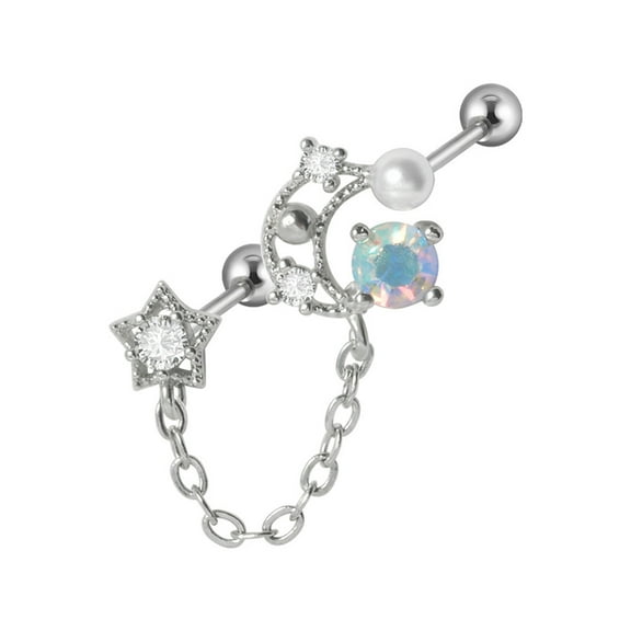 Trendy Stainless Steel Double Pierced Chain Ear Ring for Women Colorful Zircon Piercing Stud Earring Fashion Jewelry