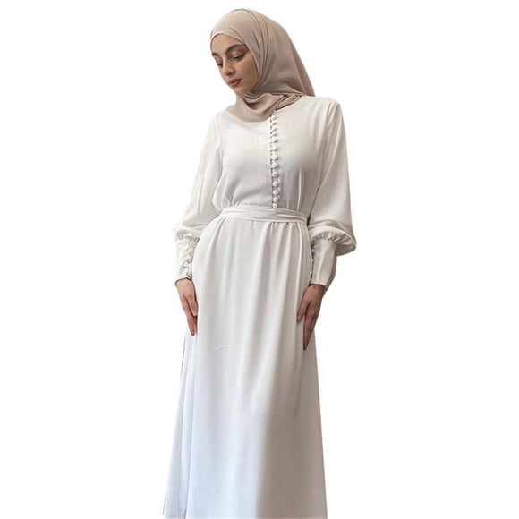 Women'S Casual Solid Muslim Dress Lantern Sleeve Abaya Islamic Arab Kaftan Dress Women'S Casual Dress White S