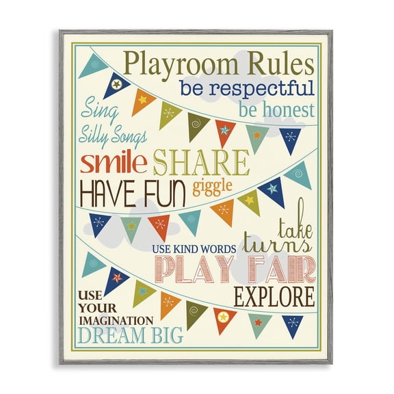 Stupell Industries Contemporary Playroom Rules With Pennants In Blue Gray Framed Giclee Art, 16 x 20, by Karen Zukowski (Finny And Zook)