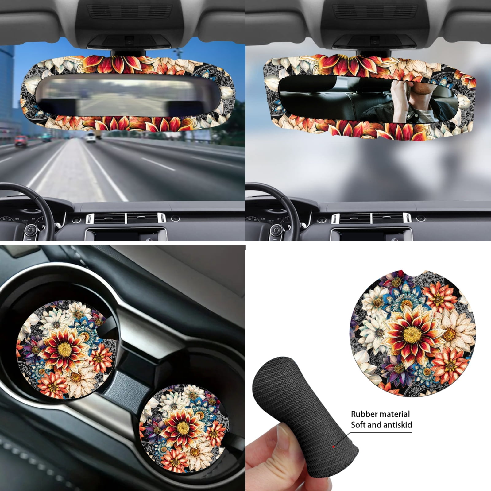 Yuyamidu Colorful Dahlia Car Seat Covers with Auto Streering Wheel Cover Center Console Pad Cover Seat Belt Cover Shift Knob Cover Handbrake Cover Coasters for Most Van SUV Sedan Auto Accessories