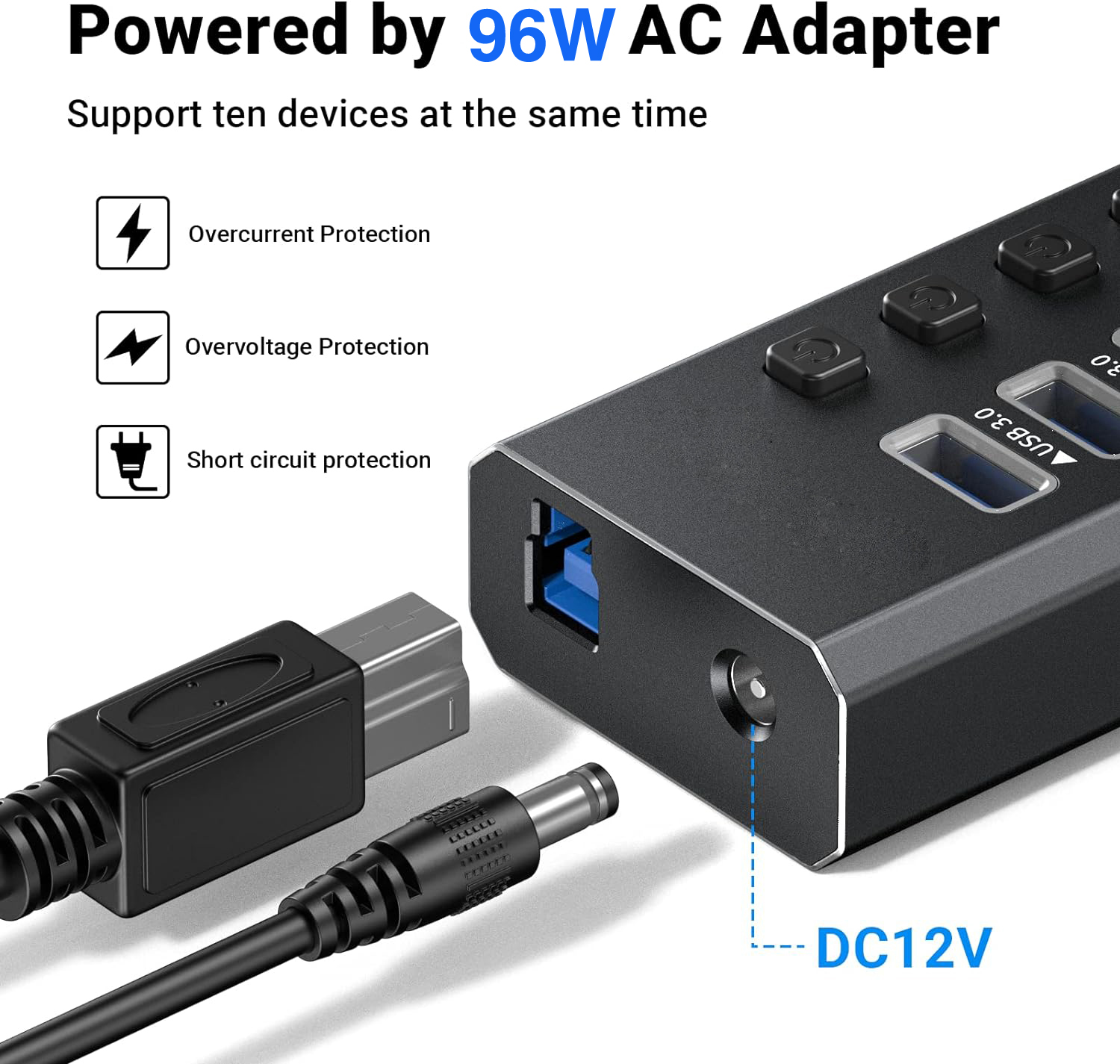 AUBEAMTO  16-Port Powered USB3.0 Hub, USB3.0 Hub [Durable Aluminum] 16Data Transfer Ports+ 4 Smart Charging Ports with Individual On/Off Switches, USB Hub 3.0 Powered with Power Adapter for Laptop PC