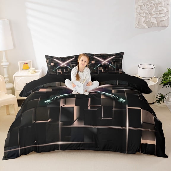 Erosebridal 3D Light Games Duvet Cover Twin,Neon Lights Bedding Sets Twin Size,Geometry Gradient Grid Comforter Cover Twin,Breathable Room Decor Reversible,3pcs(No Comforter)