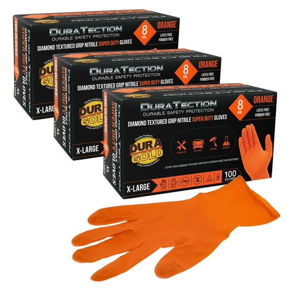 Dura-Gold Duratection 8 Mil Orange Super Duty Diamond Textured Nitrile Disposable Gloves, 3 Boxes of 100, X-Large - Latex Free, Powder Free, Food Safe, Safety Protection Work Gloves, Industrial
