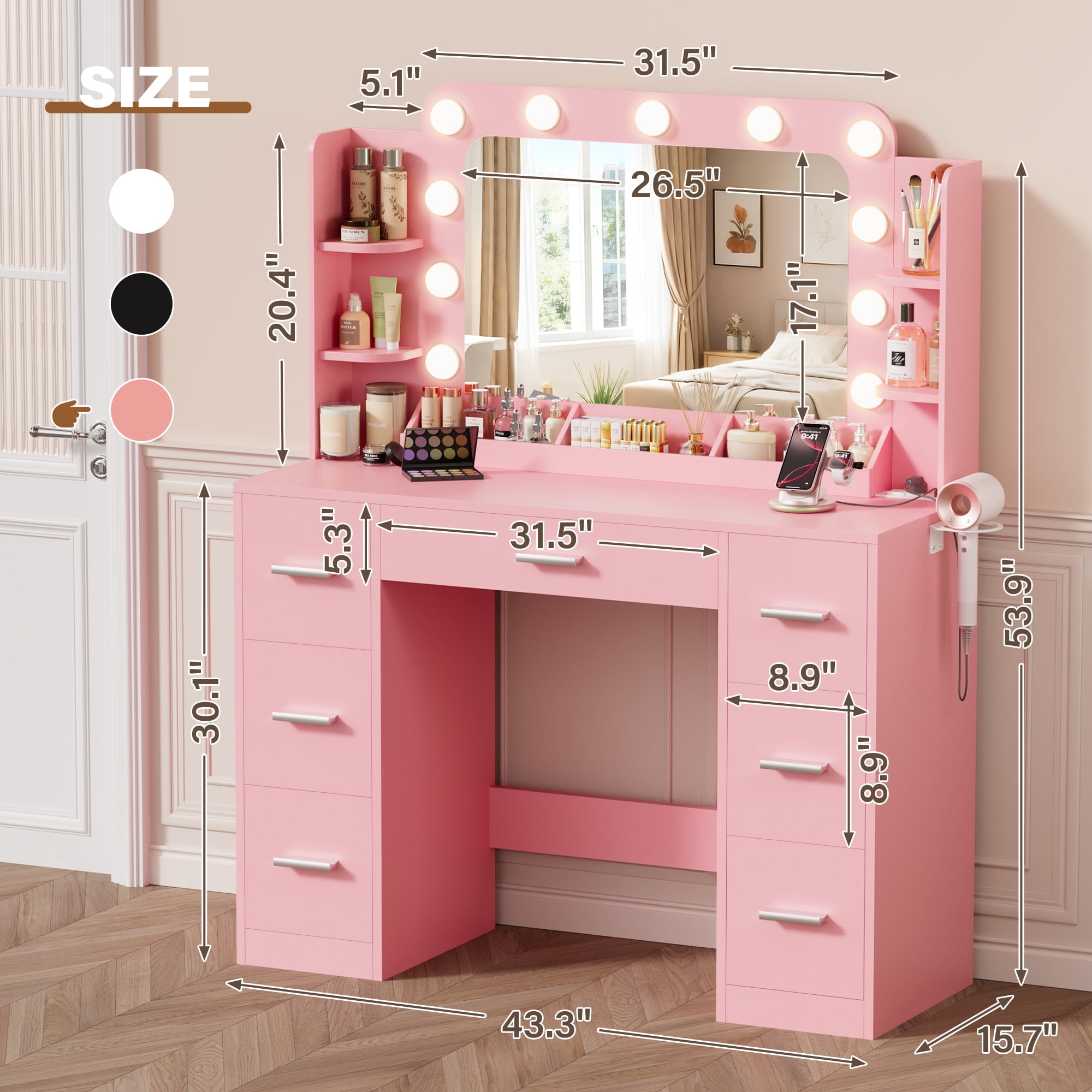 Lacoo Vanity Desk with Mirror & Lights, Makeup Vanity Set with 7 Drawers & Shelves, Vanity Table for Bedroom, Pink