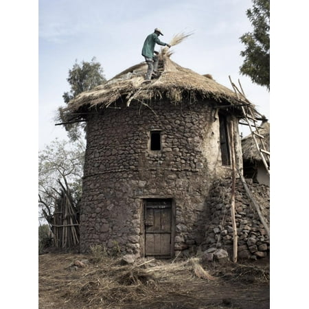Man Thatches the Roof of His House in the Town of Lalibela, Ethiopia, Africa Print Wall Art By Mcconnell