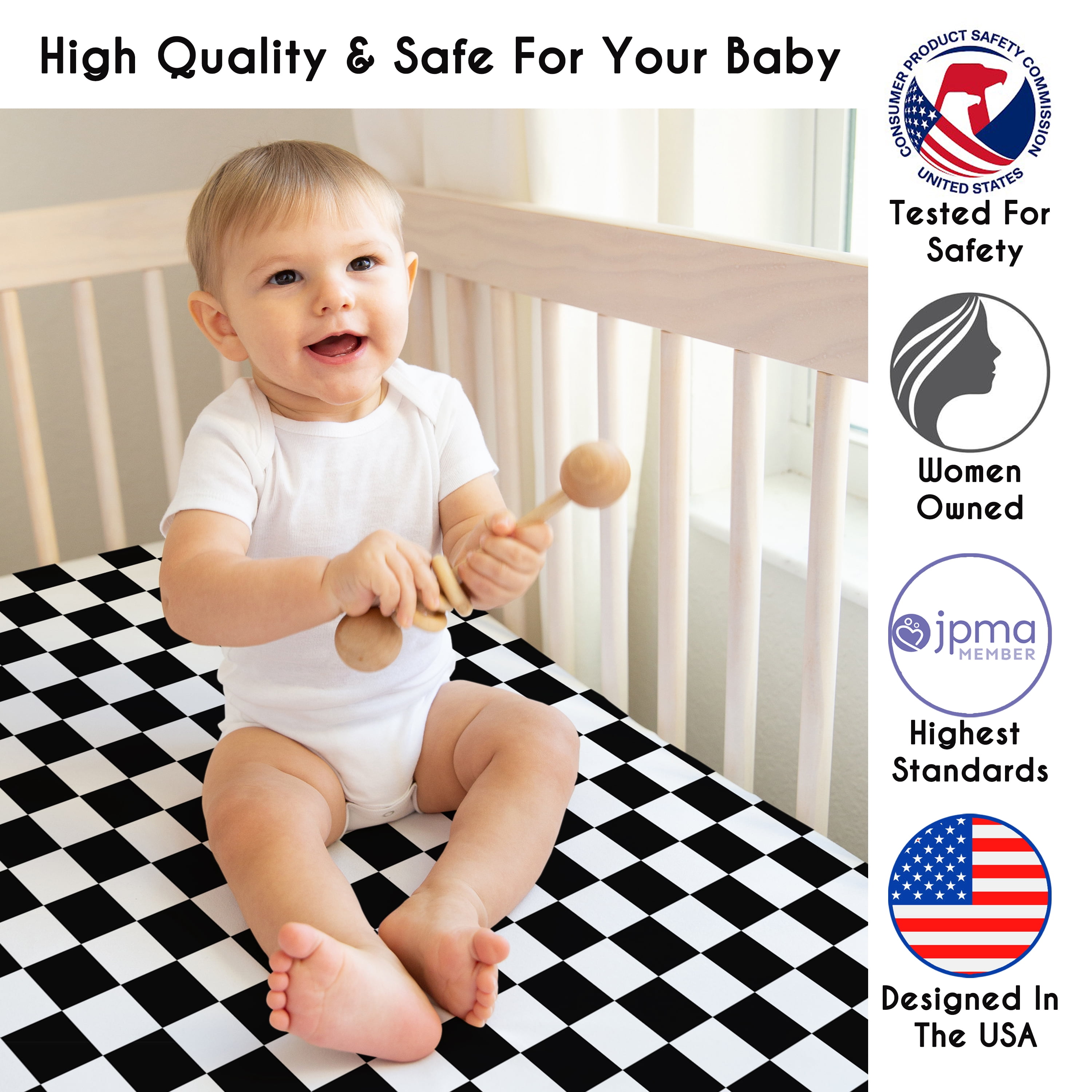 Sweet Jojo Designs Gingham Checkered Plaid Black and White Boy, Girl, Unisex/Gender Neutral Fitted Crib Sheet