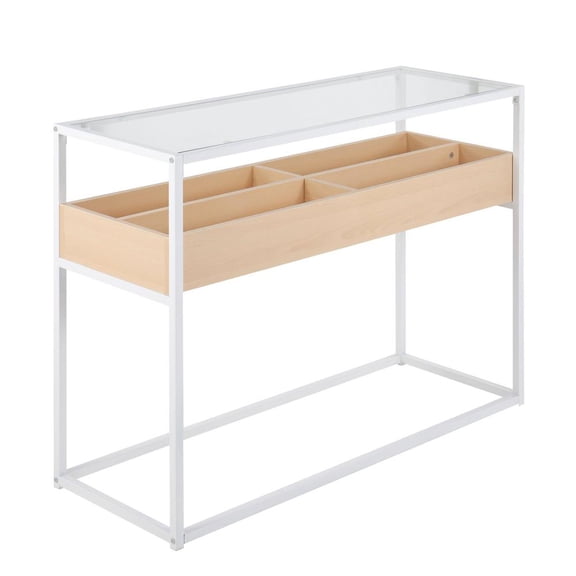LumiSource White Steel, Natural Wood, Clear Glass Display Console Table