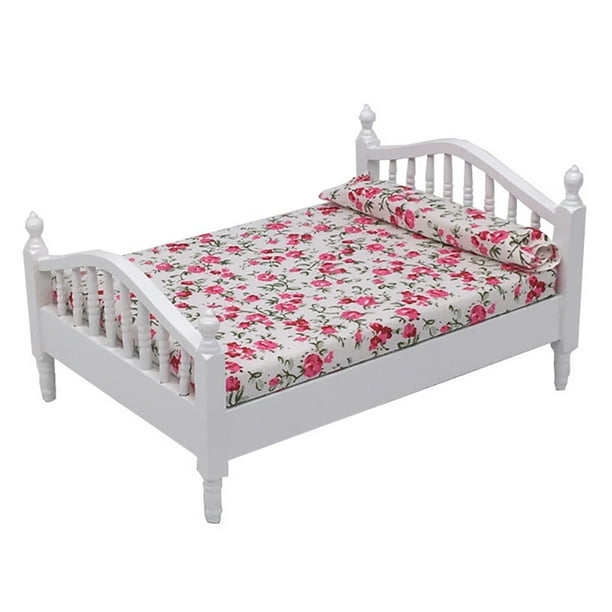 SANWOOD Dollhouse Bed Toy Wooden Miniature 1/12 Dollhouse Double Bed
