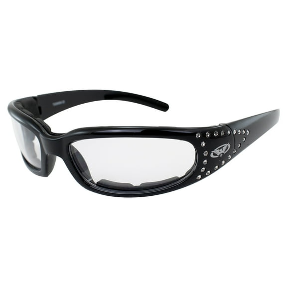 Global Vision Marilyn Women's Riding Glasses EVA Padded Foam Bling - Black Frame/Clear Lens