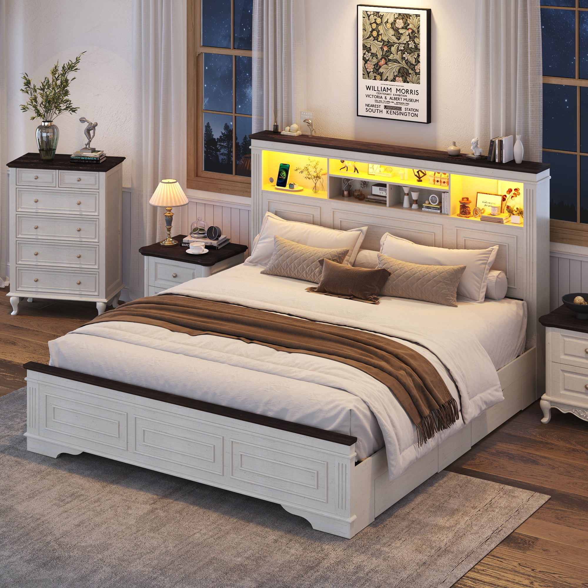 ANPOO Farmhouse King Size Bed Frame with 51" Tall Headboard & 4 Drawers, King Bed Frame and Headboard with LED Lights & Charging Ports, No Box Spring Needed, Wooden, Antique White