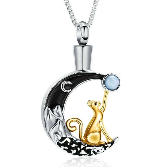 Moon Cat Urn Necklace for Ashes Pet Cremation Jewelry for Ashes Stainless Steel Pendant Funeral Keepsake Loved Ones Memorial Gift