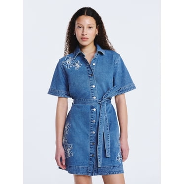 Free Assembly Women's and Women's Plus Embroidered Denim Mini Shirtdress with Belt, Sizes XS-4X