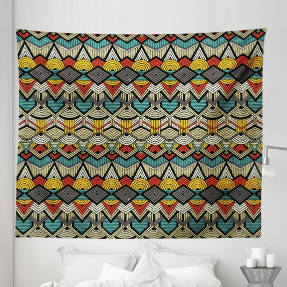 African Tapestry, Chevron Zigzags and Half Circles Folkloric Elements Sharp Canonical Motifs, Fabric Wall Hanging Decor for Bedroom Living Room Dorm, 5 Sizes, Multicolor, by Ambesonne