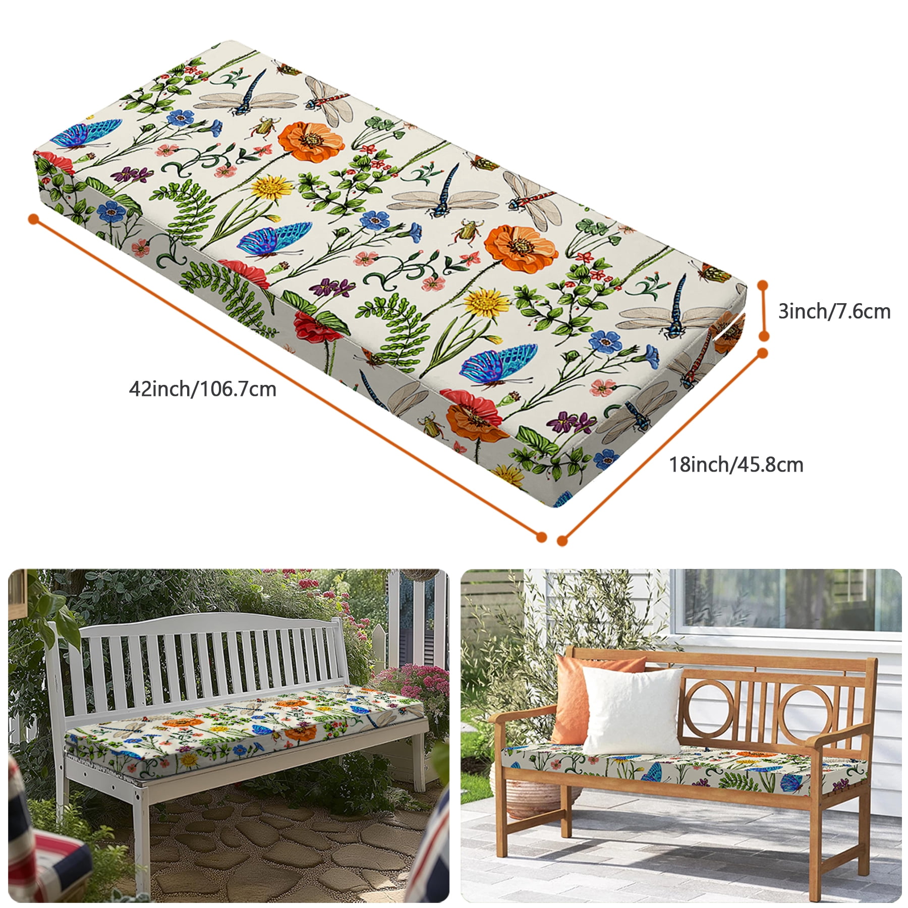 All Smiles Outdoor Bench Cushion with Ties 42 x 18 inch Waterproof Patio Furniture for Porch Swing Chair Loveseat Yard Garden Deck