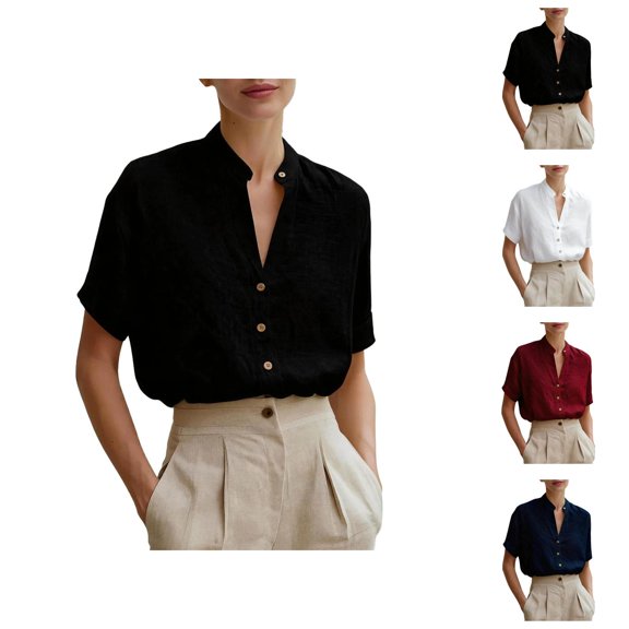 Linen Shirts for Women Short Sleeve Band Collar V Neck Button Up Summer Blouses Business Casual Office Work Shirts