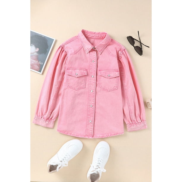 ABPHQTO Camisa vaquera de mujer rosa con lavado ácido y botones a presión
