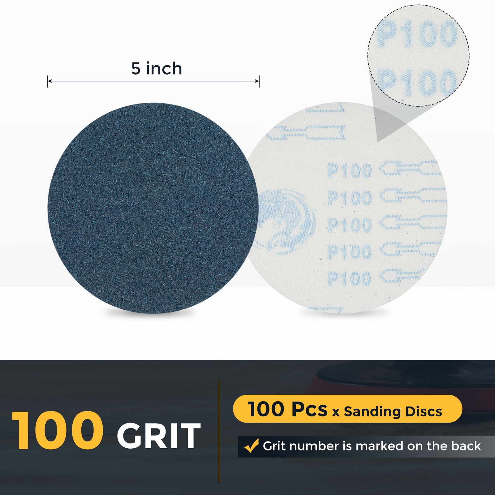 100 Pcs 5 Inch Sanding Disc 100 Grit Hook and Loop Sandpaper Random Orbital Sander Pads for Woodworking, Metal, Stone Grinding and Polishing, Blue