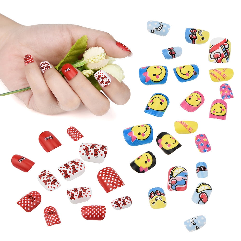 24Pcs Kids Press-on False Nails Cartoon Pattern Full Nail Pre-glue for